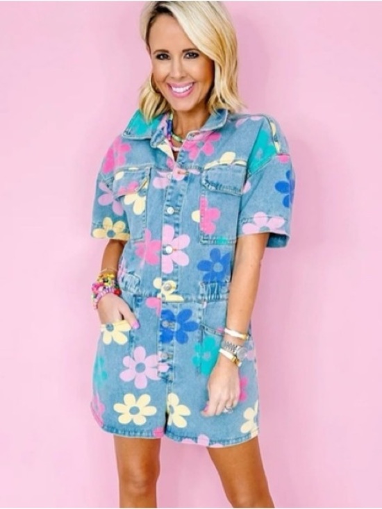 Peach Love California Pants - PEACH LOVE California Floral Denim Romper